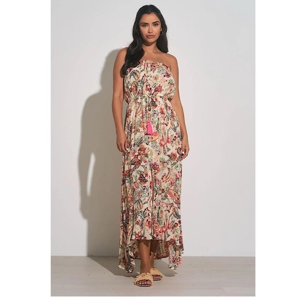 Elan Strapless Maxi Dress Tassel Drawstring Floral Boho Pink Beige XL NEW
